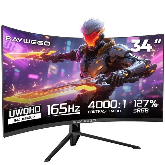 Raywego 34" Ultrawide Curved Gaming Monitor 165Hz, WQHD 3440x1440, 1500R-PIP,BPB Computer Monitor 1ms, SRGB99%, HDMI 2.0 x2, DP 1.4 x2, Black