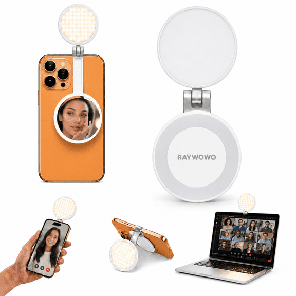 Raywowo 3-in-1 Magnetic Selfie Light with Mirror for MagSafe iPhone, 3 Color Modes & 3 Brightness Levels, Retractable 360° Foldable Rechargeable LED Fill Light for iPhone 17-12, Vlog, Travel, White