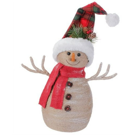 13.25" Brown and Red Snowman with Plaid Snow Cap Christmas Decor