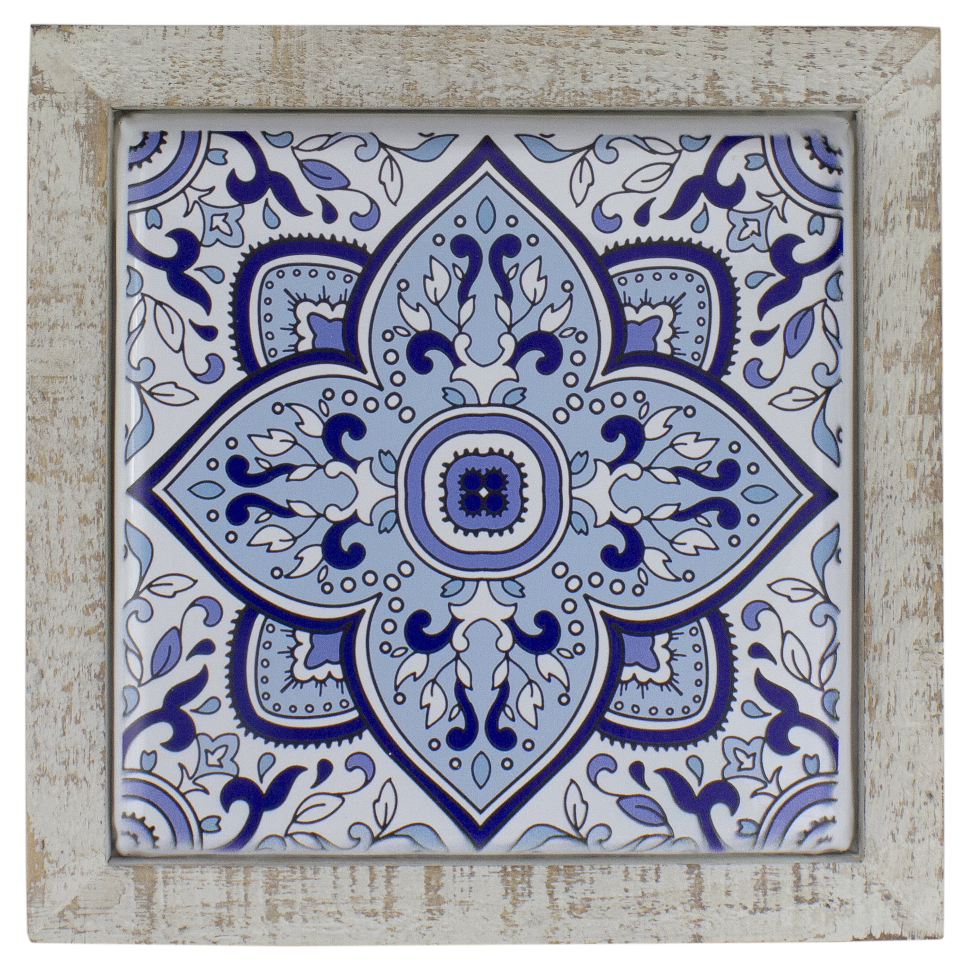 Blue and White Floral Tile Wall Decor with Rustic Wood Frame