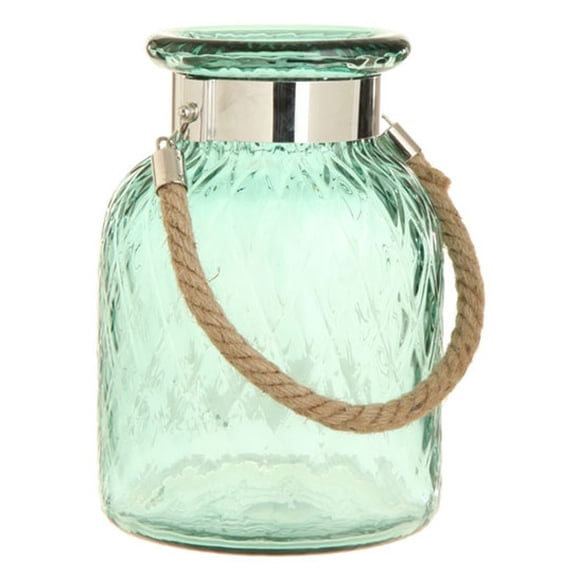 9.75" French Countryside Hanging Green Harlequin Glass Lantern with Jute Handle