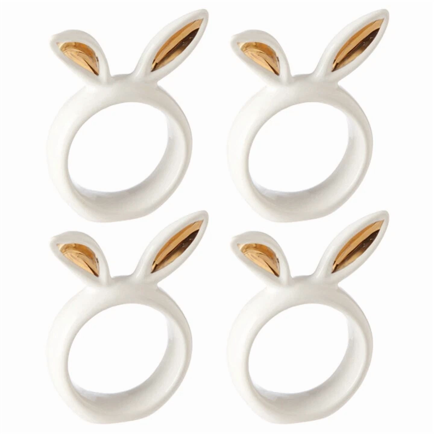 Raz Easter Bunny Ears Napkin Rings-Set/4-Made Of Clay-Hand-Painted White & Gold
