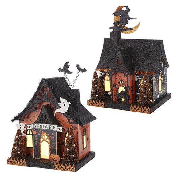 Raz Imports 2022 Carving Time 11.75" Lighted Beware Halloween House, Asst Of 2
