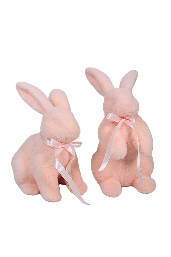 8.75In Pastel Pink Flocked Bunnies Set/2, Polyester Foam, Easter Rabbit 4453333