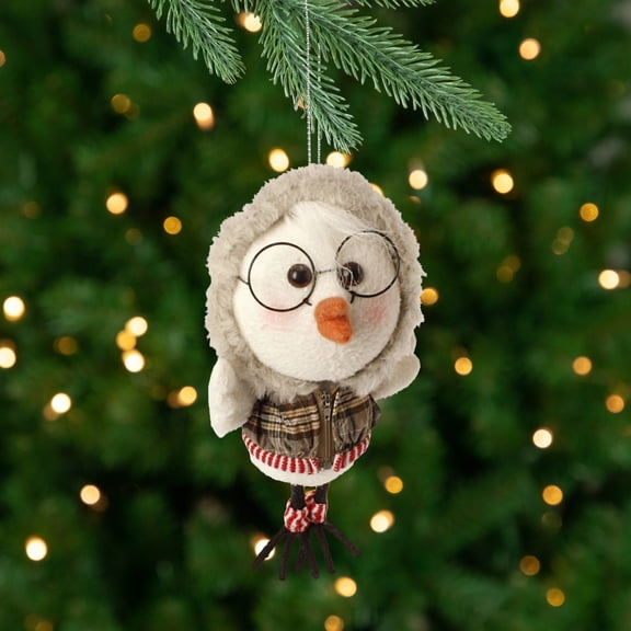 9" White and Brown Plaid Trimmed Hoodie Bird Christmas Ornament