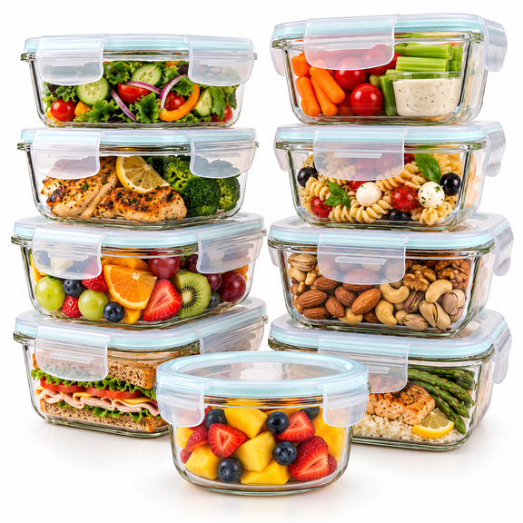 Razab 18 Pc Glass Meal Prep Containers with Lids (Set of 9) - Large Glass Food Storage Containers with Lids, BPA-Free Lunch Containers for Leftover