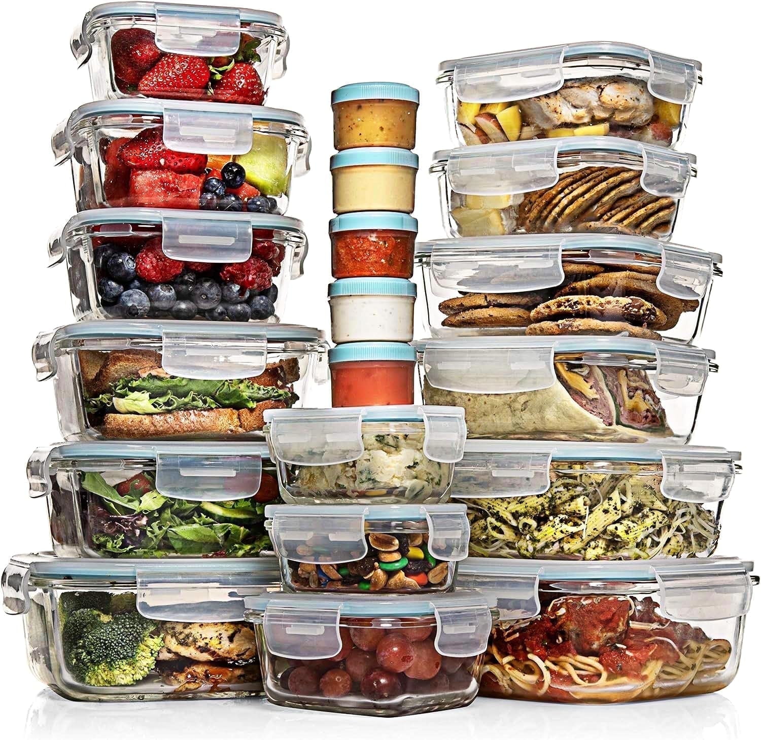 Razab 35 Pcs Glass Food Storage Containers with Lids, Leak Proof Meal Prep Containers (15 Glass Container with lids, 5 Plastic Dip Sauce Containers)