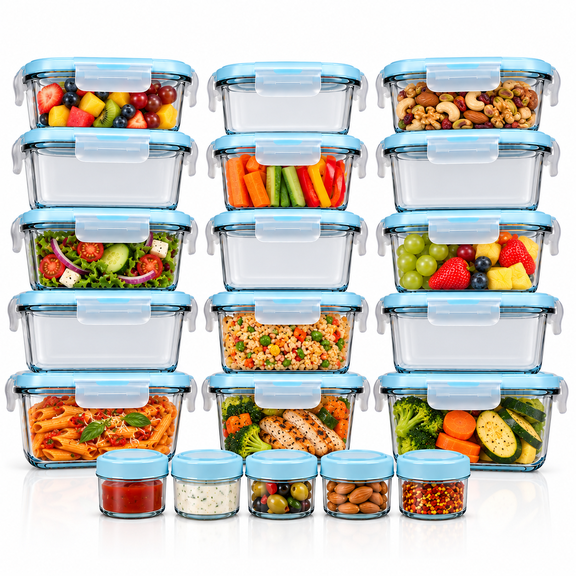 Razab 35 Pcs Glass Food Storage Containers with Lids, Leak Proof Meal Prep Containers (15 Glass Container with lids, 5 Plastic Dip Sauce Containers)