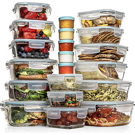 Open Box Razab 35 Pcs Glass Food Storage Containers with Lids, Leak Proof Meal Prep Containers (15 Glass Container with lids, 5 Plastic Dip Sauce Containers)