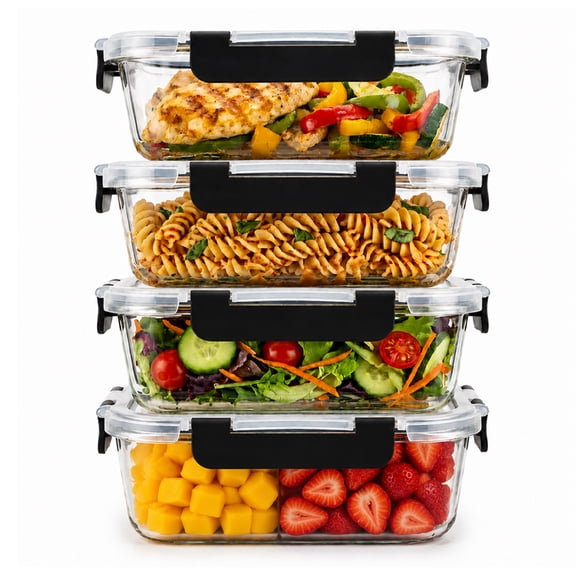 Razab 8 Pc 22 Oz Glass Meal Prep Containers with Lids (Set of 4) - Large Glass Food Storage Containers with Lids, Leak-Proof BPA-Free Glass Lunch Containers for leftover, Microwave & Oven Safe