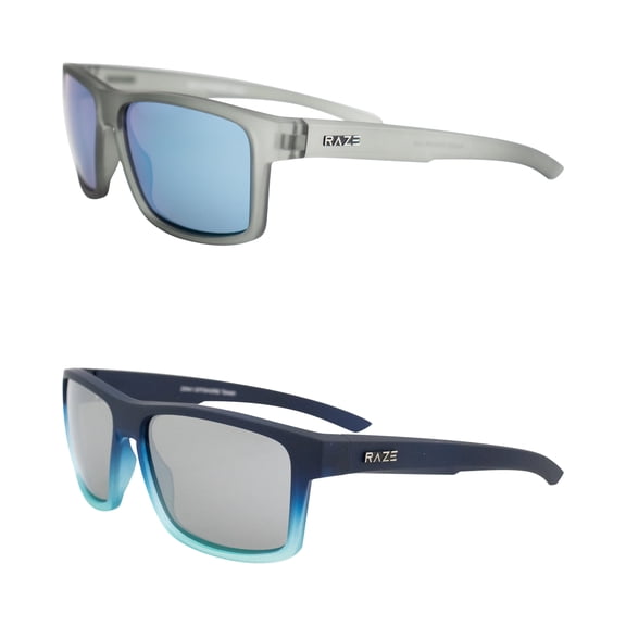 Raze Eyewear Offshore Sports & Boating Polarized Sunglasses Gray Frame with Blue Mirrored Lenses & Navy to Light Blue Frame with Smoke Mirrored Lenses 2 Pack