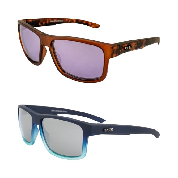 Raze Eyewear Offshore Sports & Boating Polarized Sunglasses for Women or Men Rootbeer Frame w/ Smoke Lenses and Navy to Light Blue Frame w/ Smoke Mirrored Lenses 2 Pack
