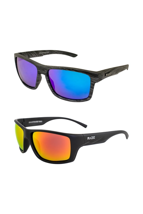 Eyewear Offshore Sports & Boating Polarized Sunglasses for Women or Men in Woodgrain Platinum Blue w/Smoke Lenses & Black Frame with Polarized Red Z Lens 2Pack