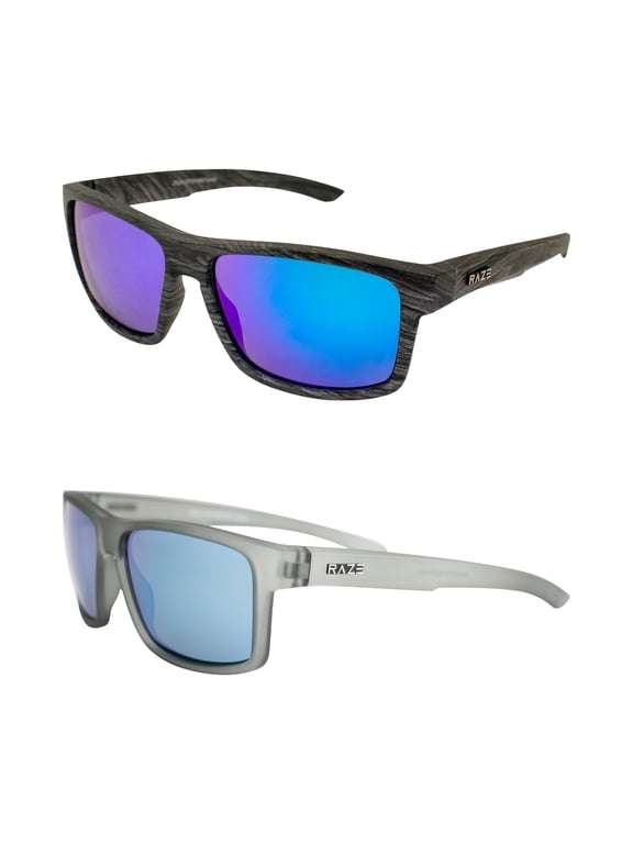 Eyewear Offshore Sports & Boating Polarized Sunglasses for Women or Men Woodgrain Platinum Blue w/Smoke Lenses & Gray Frame w/Blue Mirrored Lenses 2 Pack