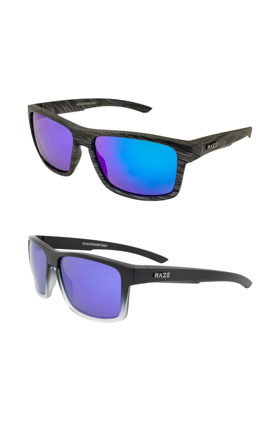 Eyewear Offshore Sports & Boating Polarized Sunglasses Woodgrain Platinum Blue w/ Smoke Lenses & Black to Clear Fade Frame w Purple Mirrored Lenses 2 Pack