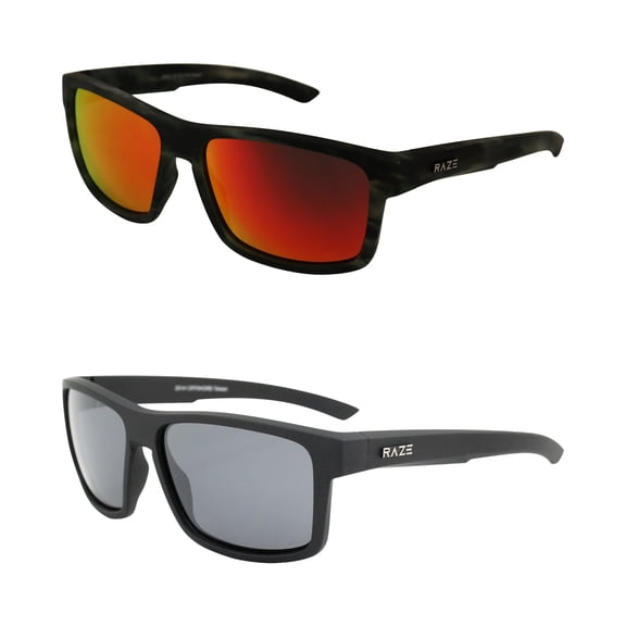 Raze Eyewear Offshore Sports & Boating Polarized Sunglasses for Men & Women Black Marble with Red Mirror & Black Frame with Smoke Lenses 2 Pack