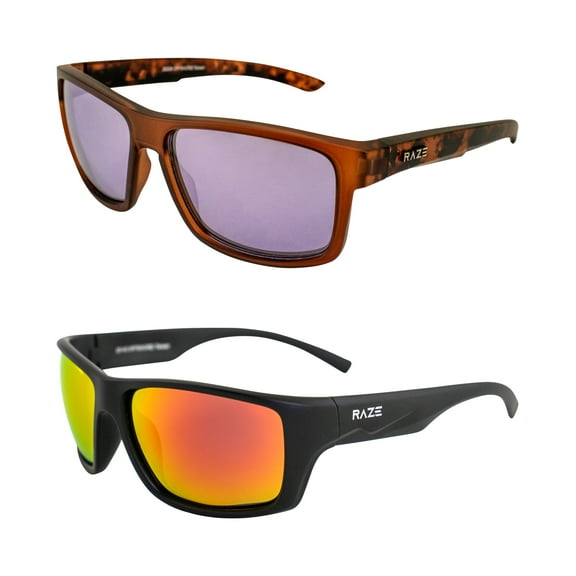 Raze Eyewear Offshore Sports & Boating Sunglasses Rootbeer Frame with Smoke Lenses & Black Floating Frame with Polarized Red Z Lens 2 Pack