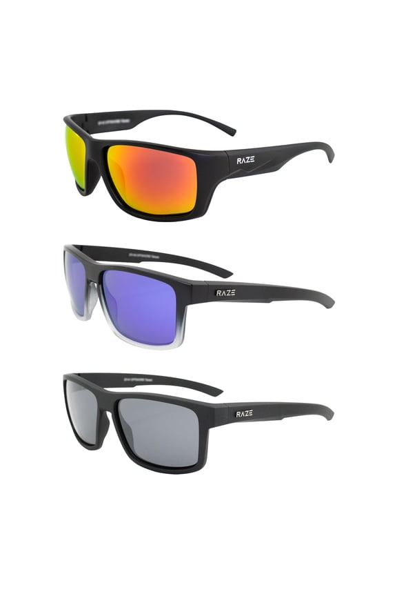 Eyewear Polarized Sunglasses Black Floating Red Z Lens, Black-Clear Fade Purple Mirror, and Black Smoke Lens for Men or Women Offshore Sports 3 Pack