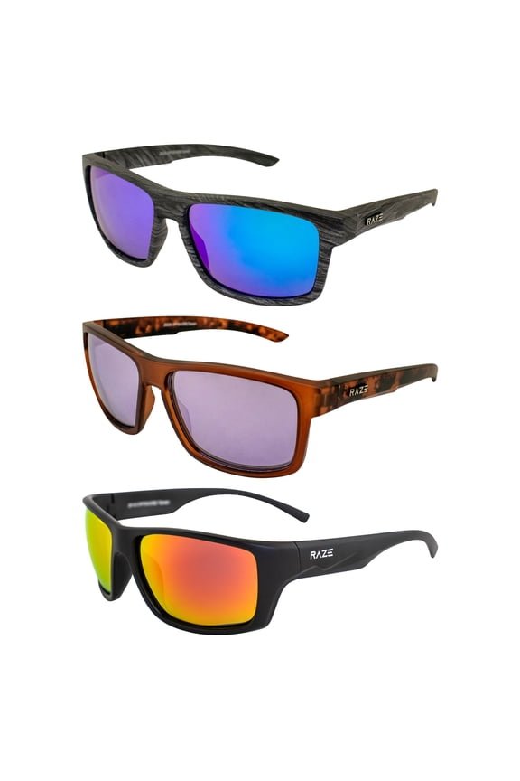 Eyewear Polarized Sunglasses Woodgrain Blue Smoke, Rootbeer Frame Smoke, and Black Frame Red Z Lens for Men or Women 3 Pack