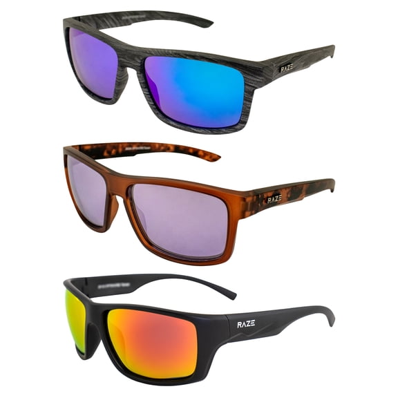 Raze Eyewear Polarized Sunglasses Woodgrain Blue Smoke, Rootbeer Frame Smoke, and Black Frame Red Z Lens for Men or Women 3 Pack