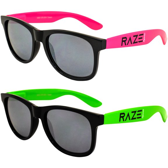 Raze Eyewear Splash Motorcycle Sunglasses Beach Pink & Green Black Gloss Frame with Smoke Lenses Spring Hinges 2 Pack