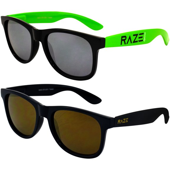 Raze Eyewear Splash Motorcycle Sunglasses Black/Green and Navy Gloss Lenses with Smoke Lenses Spring Hinge 2Pack