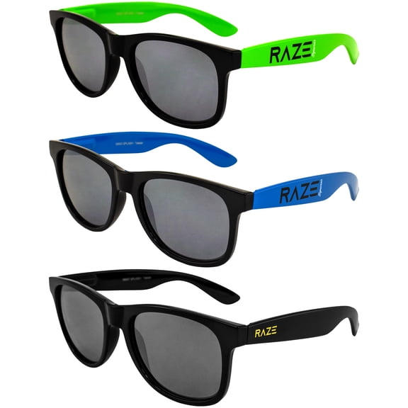 Raze Eyewear Splash Sunglasses Beach Green, Blue and Blackout with Smoke Lenses Spring Hinges 3Pack