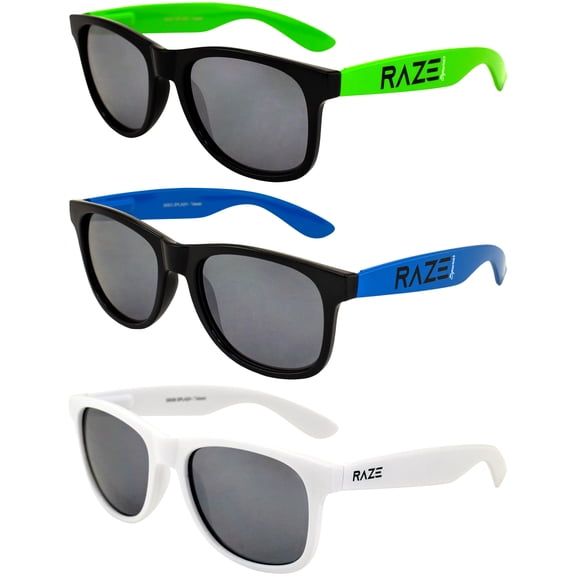 Raze Eyewear Splash Sunglasses Beach Green, Blue and White Gloss with Smoke Lenses Spring Hinges 3Pack