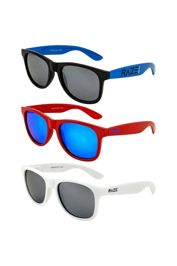 Eyewear Splash Sunglasses Blue Frame, Red gloss frame with a Blue-Z Lens and White Gloss with Smoke Lenses Spring Hinges 3Pack
