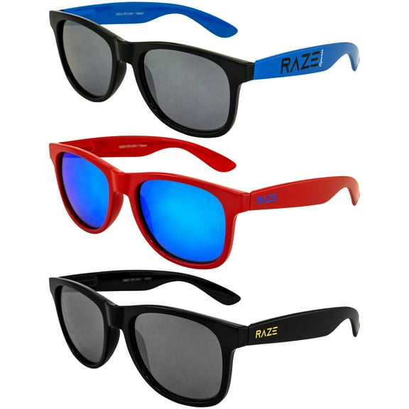 Raze Eyewear Splash Sunglasses Blue Frame, Red gloss frame with a Blue-Z and Blackout with Smoke Lenses Spring Hinges 3Pack