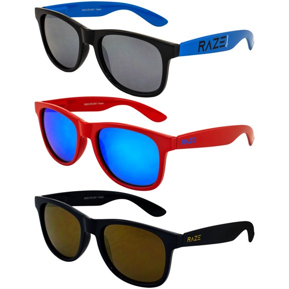 Raze Eyewear Splash Sunglasses Blue frame with Smoke , Red gloss frame with a Blue-Z and Navy Smoke w/ Copper Z Lenses Spring Hinges 3Pack