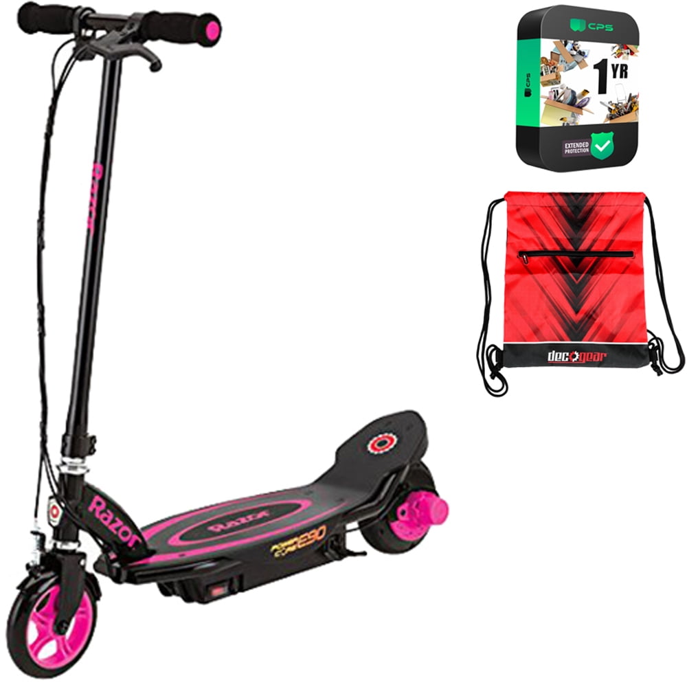 Razor 13111463 E90 Power Core Electric Scooter Pink Bundle with 1 Year Extended Protection Plan and Deco Essentials Drawstring Bag