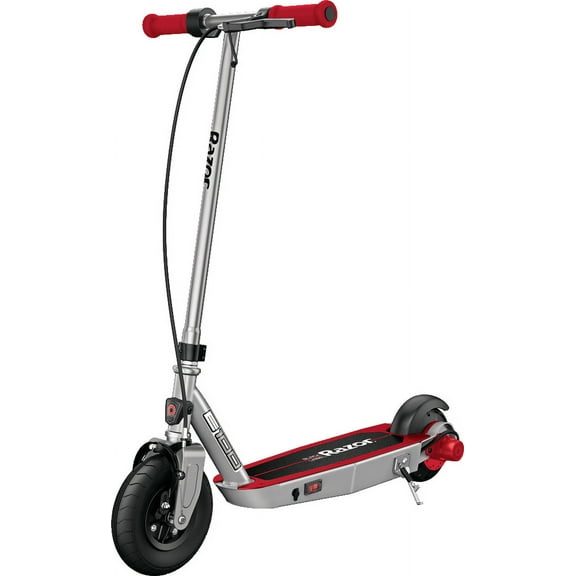 Razor Black Label E100 Electric Scooter – Silver/Red, up to 10 mph, 8" Pneumatic Front Tire, for Kids Ages 8+