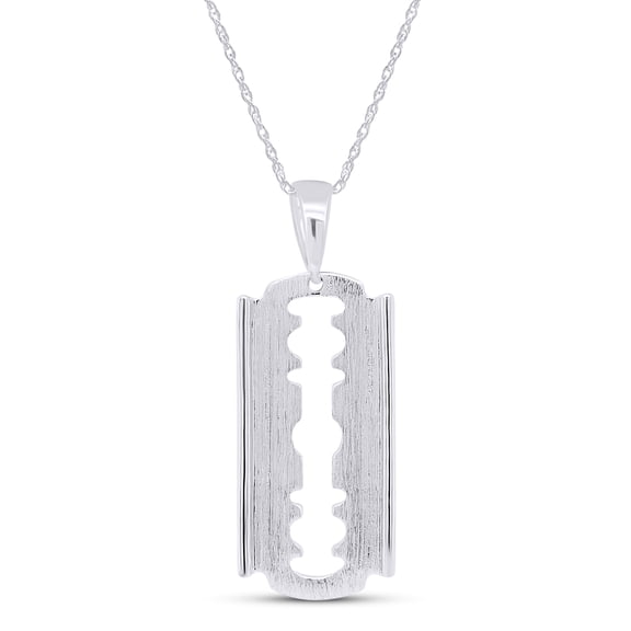 AFFY Razor Blade Beveled Edge Dog Tag Pendant Necklace In 14K White Gold Over Sterling Silver With 18" Rope Chain