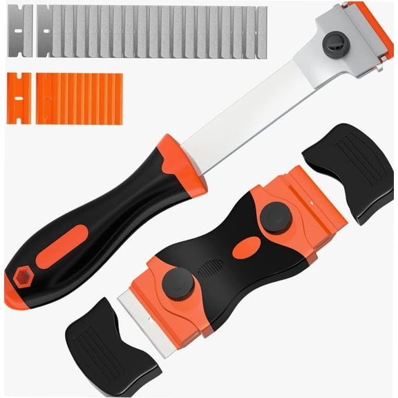 Razor Blade Scraper, 2 PCS Razor Scraper Tool for Removing Label, Registration Sticker, Tint, Grease from Windshield, Appliance, Glass (Extra 20 Metal and 10 Plastic Blades)