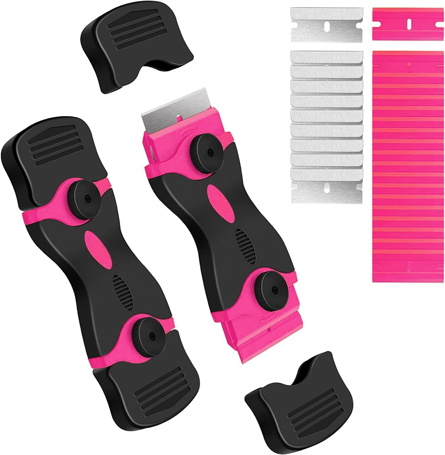 Razor Blade Scraper, 2 Pack Double Edged Razor blade Scraper Tool with 30 Pcs Razor Blades, Glass Scraper for Windows, Decals, Tint, Stickers, Labels, Caulk, Adhesive?Pink?