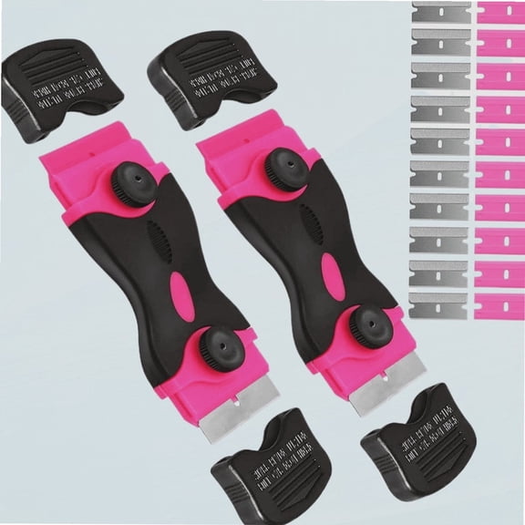 Razor Blade Scraper - 2 Pack Pink Double Edged Scraper, 2-in-1 Tool Set with 20 Razor Blades, for Removing Labels, Decals, Adhesive, Stickers, Glass and Stove Top
