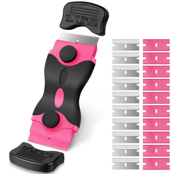 Razor Blade Scraper,2-in-1 Scraper Tool with 10PCS Metal Blades and 10PCS Plastic Blades,Multi-funtional Cleaning Razor Scraper for Decals,Stickers,Labels,Caulk,Adhesive Removal(Pink)