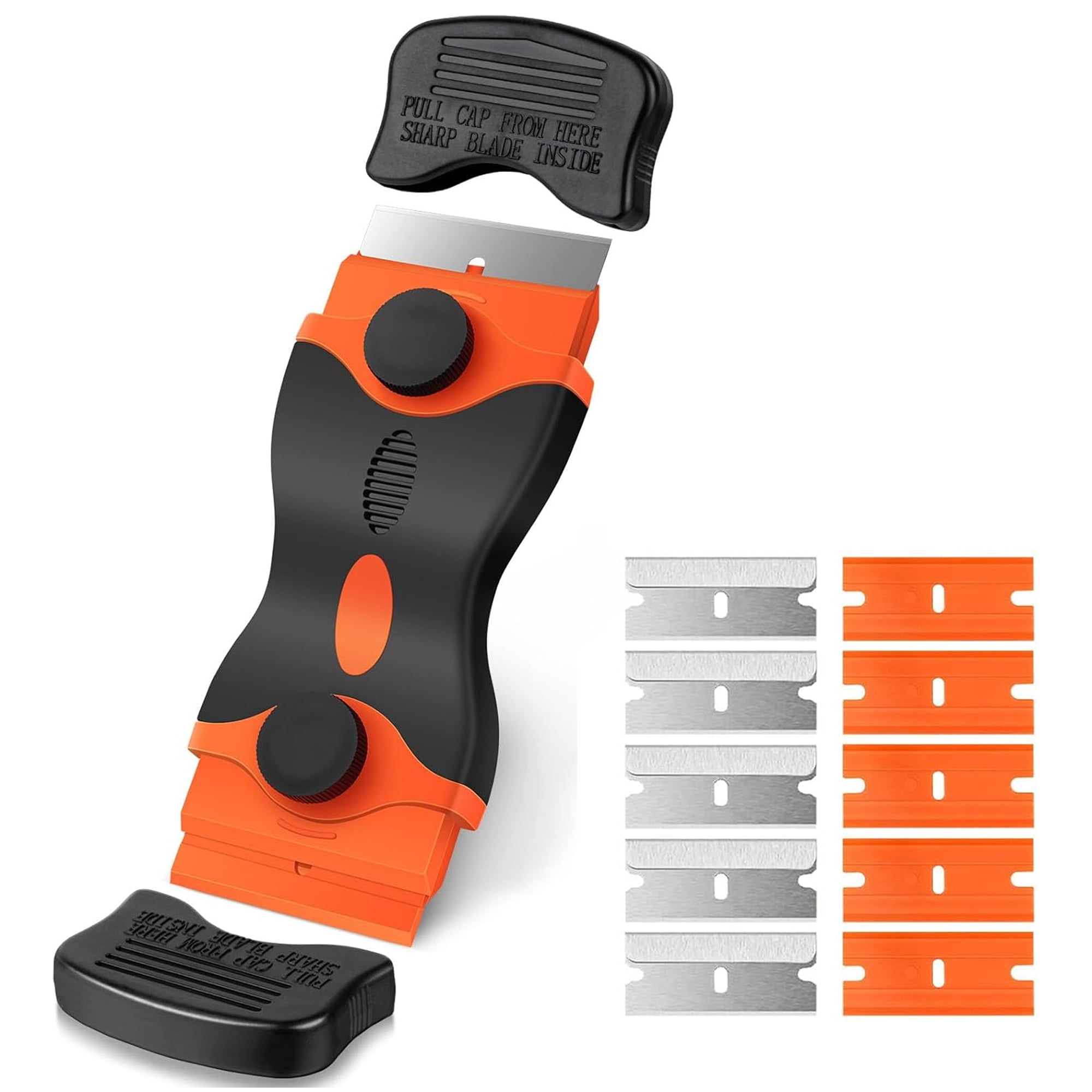Razor Blade Scraper, 2-in-1 Scraper Tool with 5PCS Metal Blades and 5PCS Plastic Blades, Multi-funtional Cleaning Razor Scraper for Decals, Stickers, Labels, Caulk, Adhesive, Paint Removal (Orange)