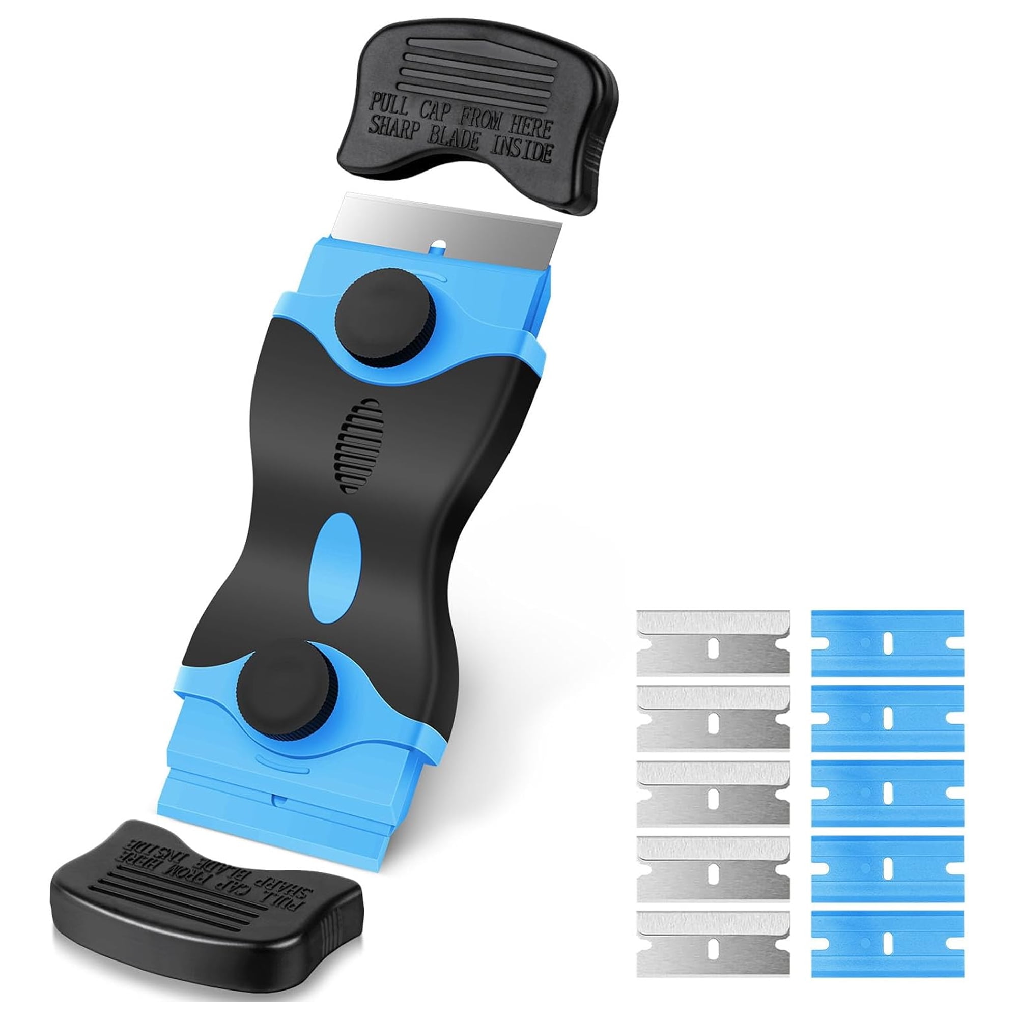 Razor Blade Scraper, 2-in-1 Scraper Tool with 5PCS Metal Blades and 5PCS Plastic Blades, Multi-funtional Cleaning Razor Scraper for Decals, Stickers, Labels, Caulk, Adhesive Removal(Blue)