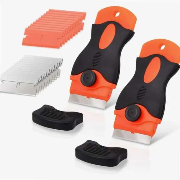 Razor Blade Scraper 2 pcs Cooktop Scraper Handle Adhesive Scraper with 10 Carbon Steel and 10 Plastic Blades for Removing Label,Sticker, Paint, Decals, Tint,Glue Residue from Glass Window Cooktop