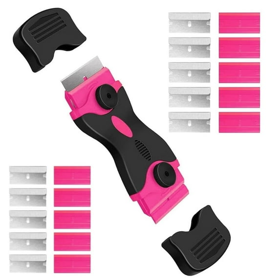Razor Blade Scraper,Double Edged Razorblade Scraping Tool with 10 Pcs Razor Blades,Paint Scraper for Glass,Decals,Tint,Stickers,Labels,Caulk,Adhesive(Pink)