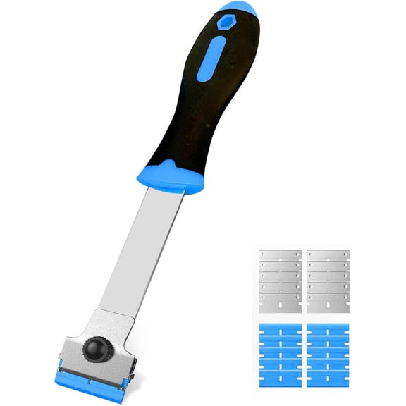Razor Blade Scraper, Long Handle Scraper Tool with 10 Plastic and 10 Metal Blades - Ideal for Removing Labels, Stickers, Appliance Grease, and More from Windshields, Tint, and Glass (Blue)