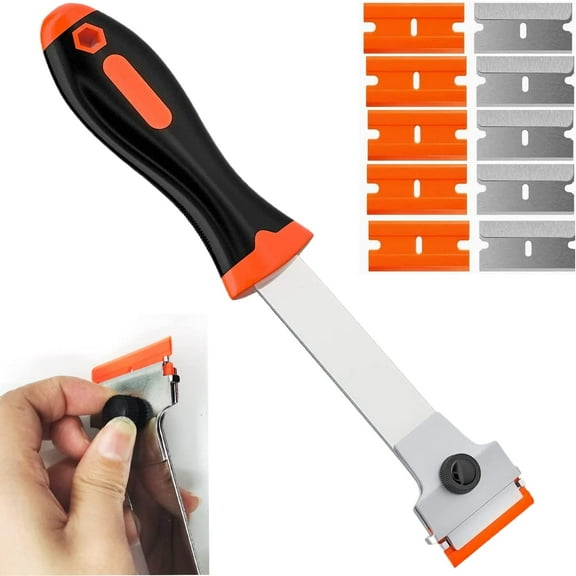 Razor Blade Scraper, Long Handled Scraper Tool with 10 Extra Replacement Blades, Razor Scraper Remover for Cleaning Sticker, Paint, Caulk from Window, Car, Glass, Windshield, Stove