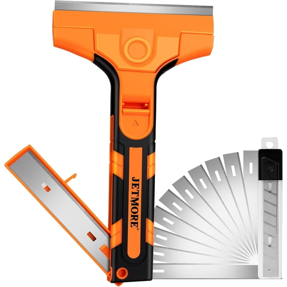 Razor Blade Scraper, Scraper Tool with 15 PCS SK5 Steel Blades, Razor Scraper, Ergonomic Handle with Blade Storage Box, Scraper for Cleaning Windows, Glass, Oven, Stove, Kitchen, Floor, Paint