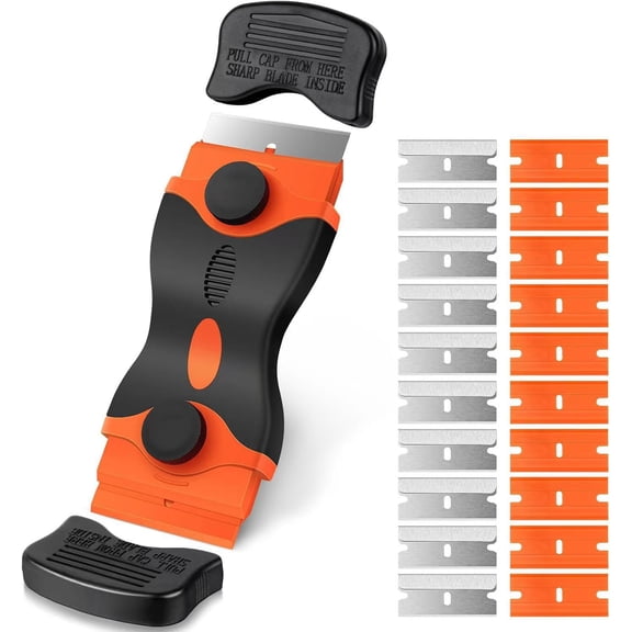 Razor Blade Scraper Tool, with 10 Plastic & 10 Metal Razor Blades, Cleaning Scraper for Removing Label, Registration Sticker, Tint, Grease from Windshield, Appliance, Glass