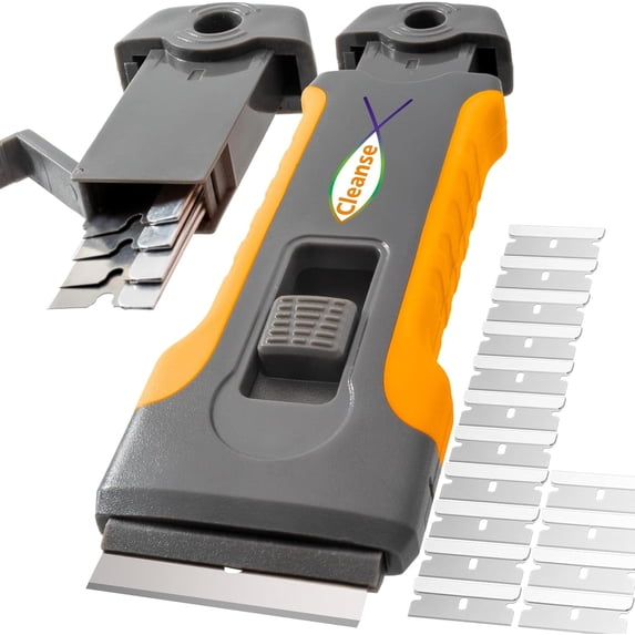 Razor Blade Scraper Tool with 15pcs Extra Blades, Cleaning Razor Scraper for Glass, Glass Top Stove Scraper for Oven Door, Cooktop Scraper, Glass Scraper Cleaning Paint from Glass (Gray)