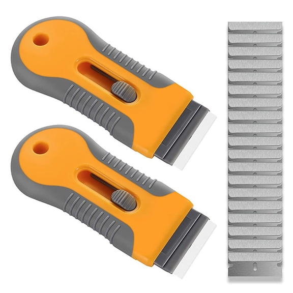 Razor Blade Scraper Tool, 2 Pack Razor Scraper Set with Extra 80Pcs Razor Blades -30Pcs Metal and 50Pcs Plastic Blades, Cleaning Scraper Tool, Cooktop, Paint, Glass Scraper