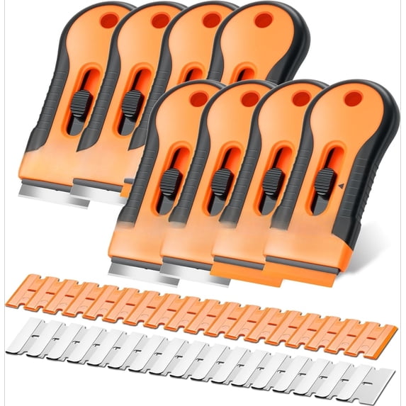 Razor Blade Scraper Tool, 2 Pack Razor Scraper Set with Extra 80Pcs Razor Blades -30Pcs Metal and 50Pcs Plastic Blades, Cleaning Scraper Tool, Cooktop, Paint, Glass Scraper