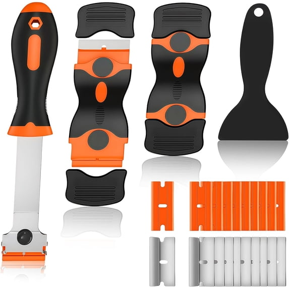 Razor Blade Scraper Tool -4 Pack Cleaning scrapper with 10 Metal & 10 Plastic Razor Blades Multi-Purpose Glass Scraper for Windows, Sticker, Decals, Cooktop, Paint Removal,Stovetop(Orange)